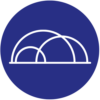 A white line drawing of interconnected domes on a blue circular background.