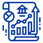 Icon illustrating financial growth and analysis, featuring a pie chart, line graph, bar chart, and a house-like structure.