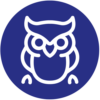 Icon of a stylized owl outlined in white on a circular blue background, representing wisdom or knowledge.